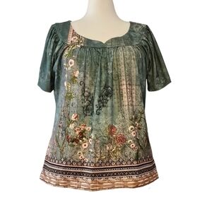 Disamer Boho Green Floral Short Sleeve Summer Blouse Size Large